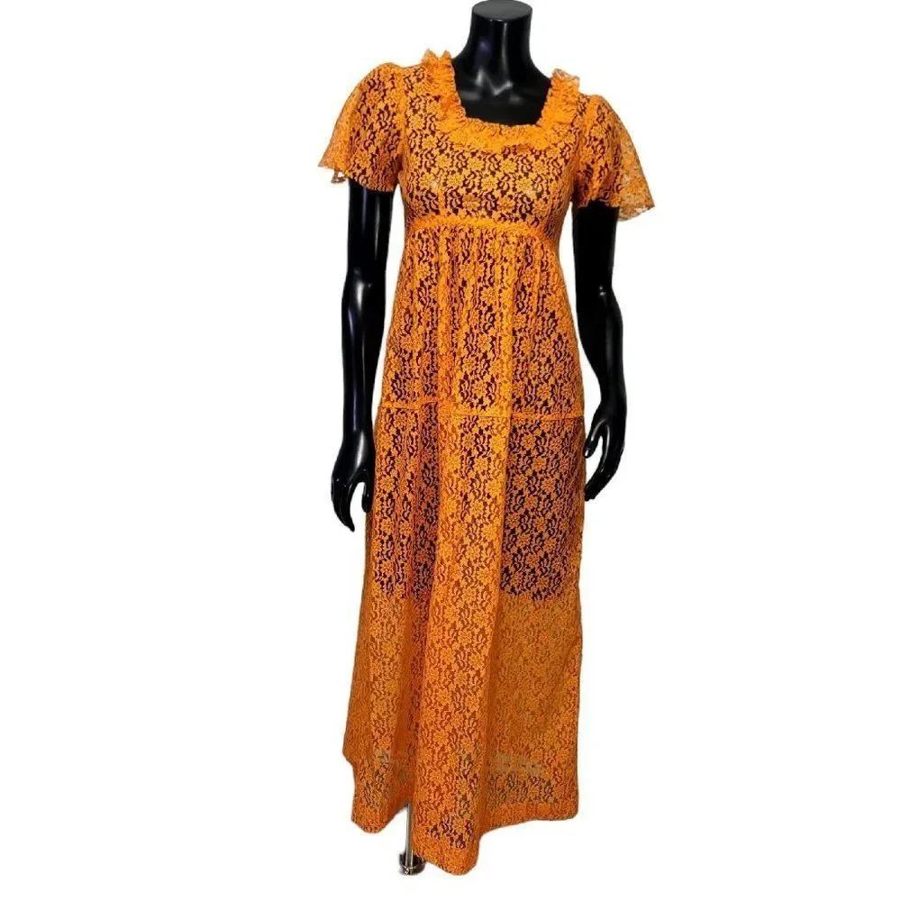 orange hippie dress Vintage Bright Cayenne Pepper Orange Cotton Gauze Crochet Trim Hand Embroidered Mexican Ruffle off Shoulder Midi Dress Hippie Folk Style